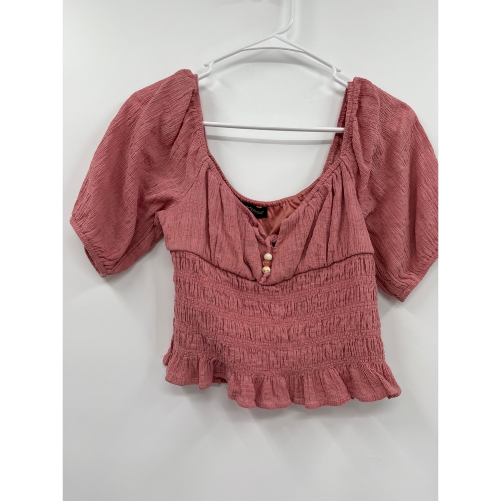 Almost Famous Large Smocked Crop Top Womens Pink Boho Puff Sleeve Beaded Tie